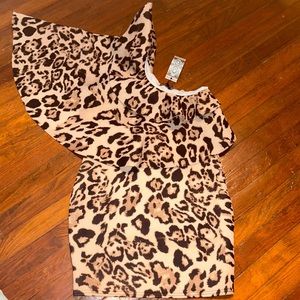 Leopard print mini dress with one ruffle shoulder
